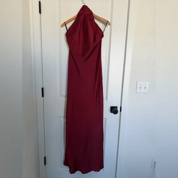 NWT Commense Burgundy Maroon Halter Maxi Gown Satin Open Back Small - Picture 3 of 5